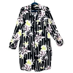 Black Floral Button-Up Tunic Blouse White Stripes XXL Long Tab Sleeve Side Slits